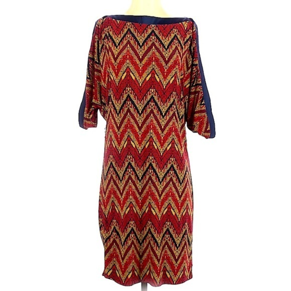 BCBG S‎ orange red retro 70’s style chevron dolman sleeve boat neck midi dress